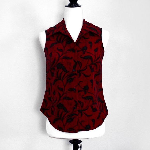Vintage Deep Red Sleeveless Blouse Rayon, Floral Print - Picture 2 of 5